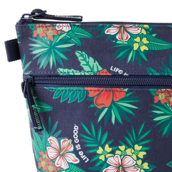Life Is Good Blue Tropical Floral Hibiscus Pattern Carry All Travel Canvas Pouch - Picture 9 of 9